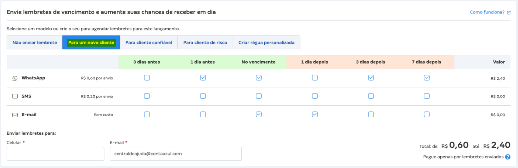 Tela de modelos de notificações com destaque para o perfil Para um novo cliente.