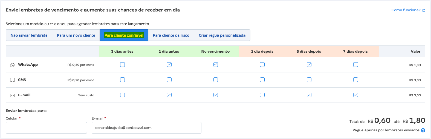Tela de modelos de notificações com destaque para o perfil Para cliente confiável.