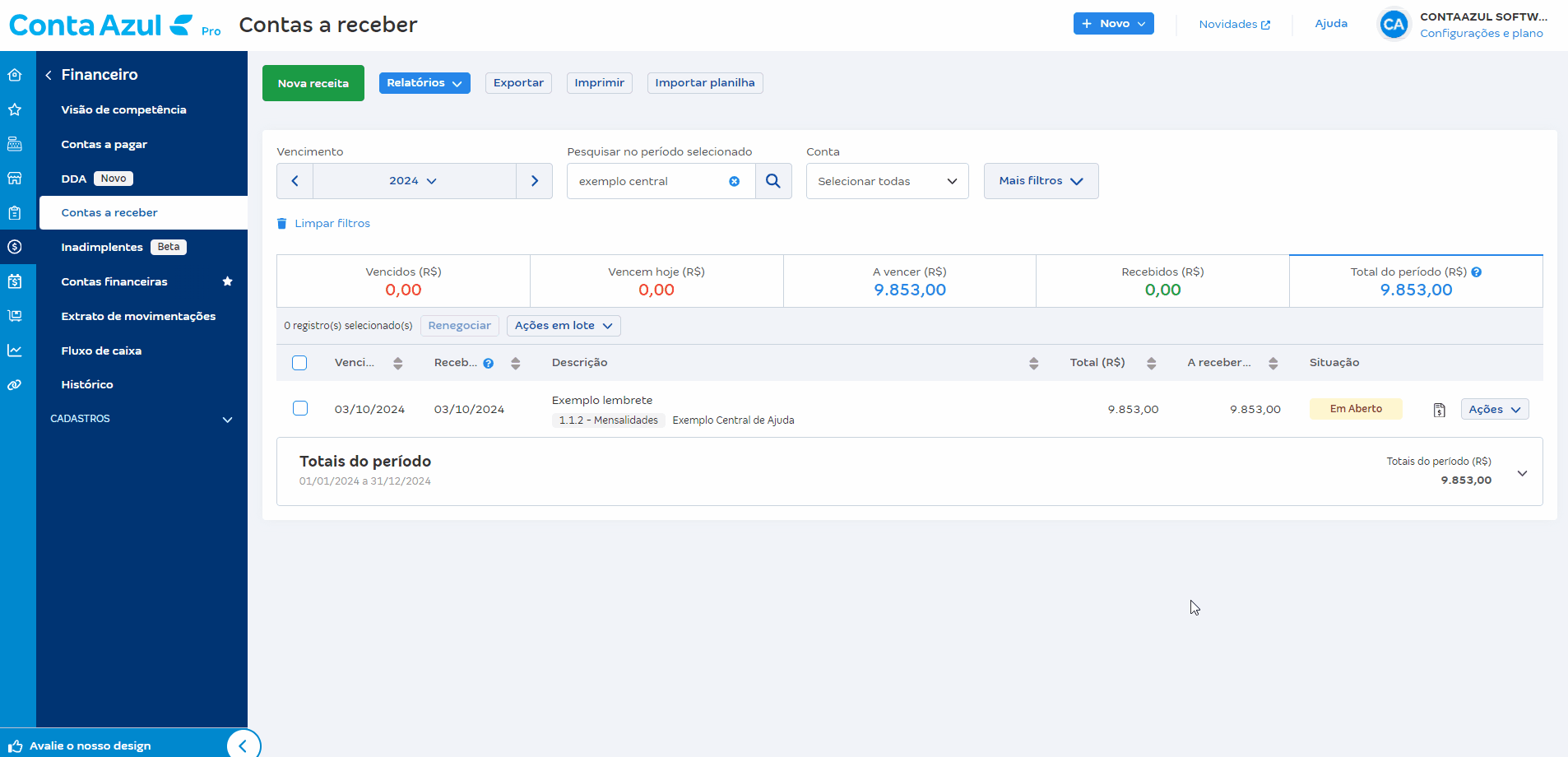 Passo a passo para enviar um lembrete de vencimento no contas a receber de uma cobrança já criada.