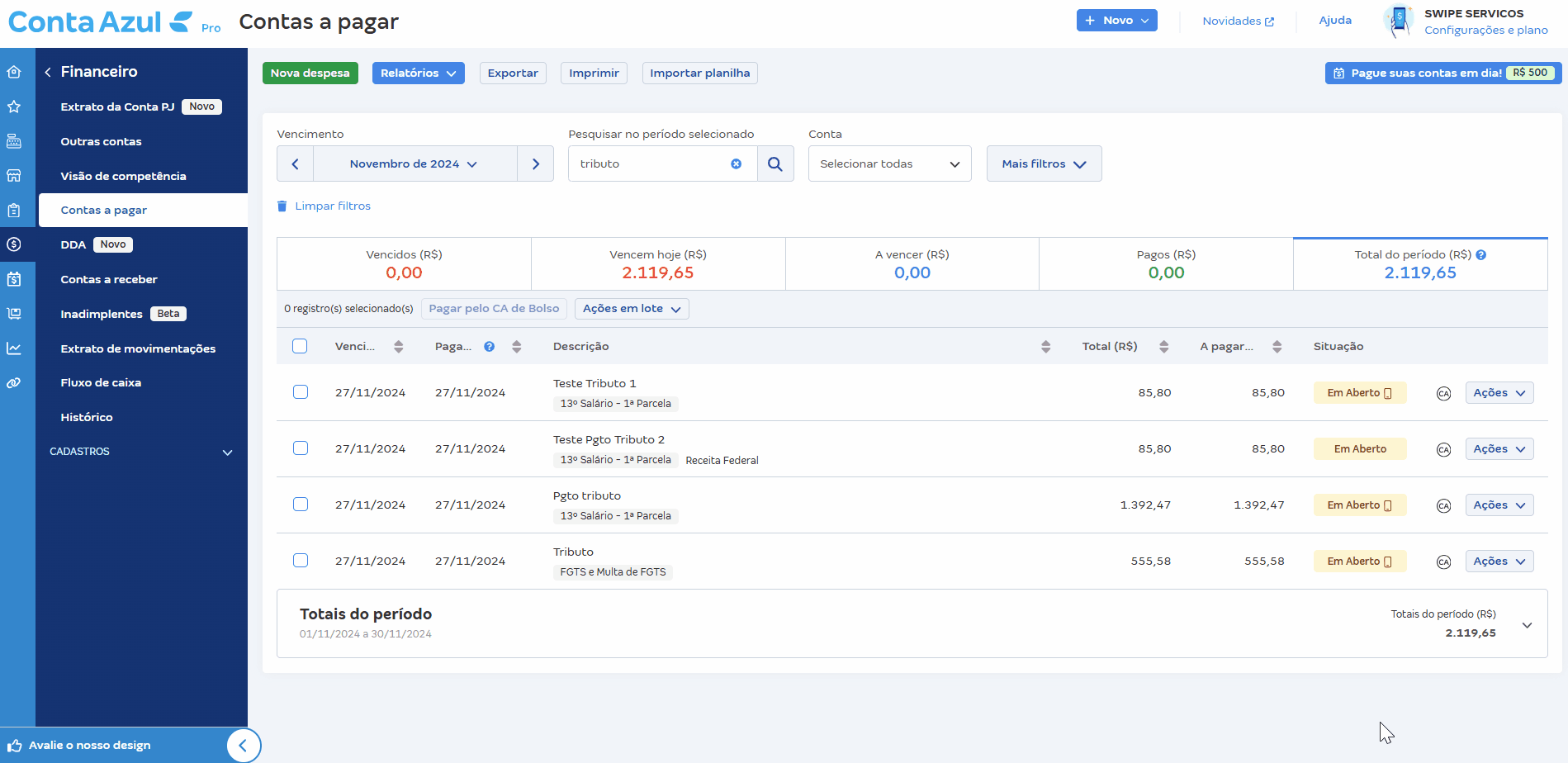Solicitação de pagamento de tributo pelo ERP Conta Azul Pro.