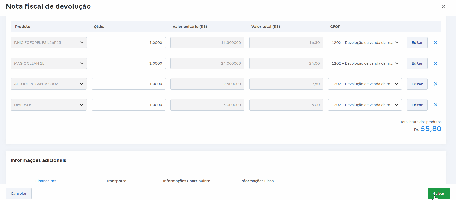 Passo a passo para alterar o CFOP no rascunho da nota de devolução da NFC-e.