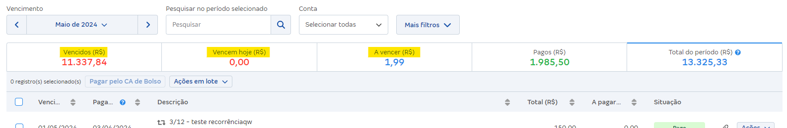 Tela de contas a pagar com destaque para as abas Vencidos R$, Vencem hoje R$ e A vencer R$.