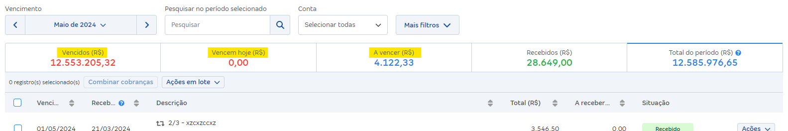 Tela de contas a receber com destaque para as abas Vencidos R$, Vencem hoje R$ e A vencer R$.