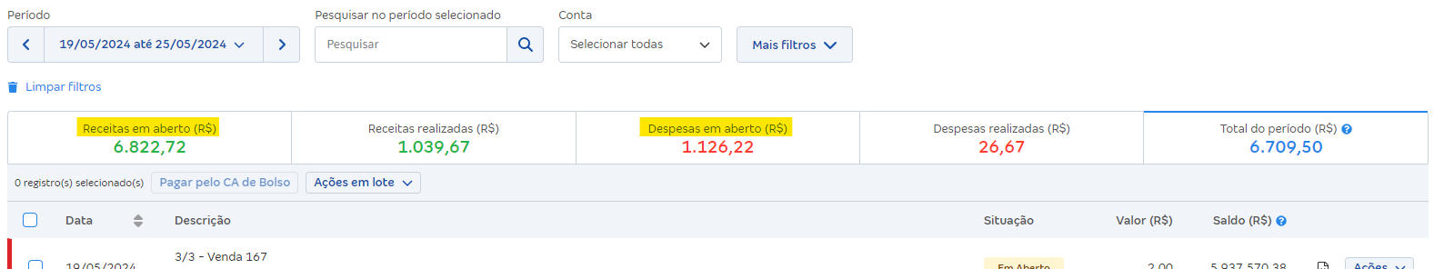 Tela de Extrato de movimentações com destaque para as abas Receitas em aberto R$ e Despesas em aberto R$.