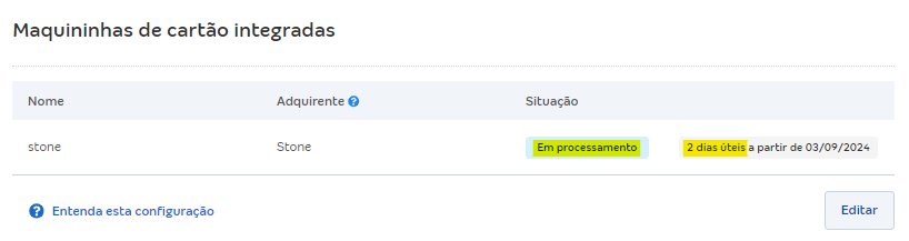 Tela de situação da integração com Stone Em processamento.