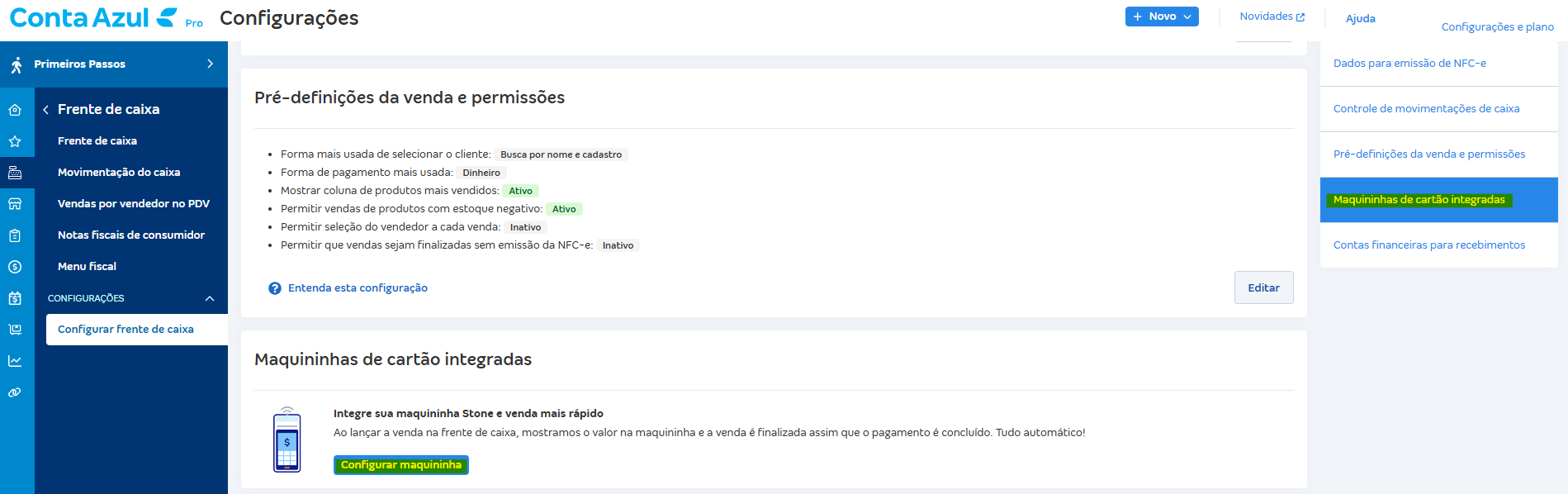 Tela de configuração para integrar com a maquininha da Stone no frente de caixa.