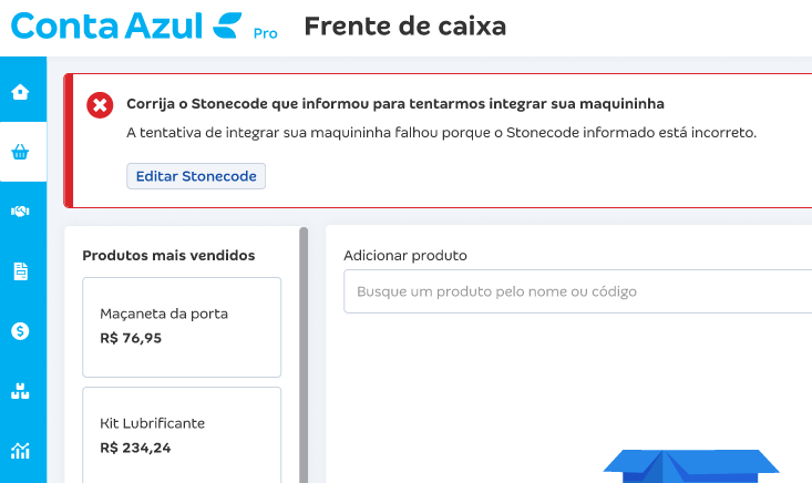 Tela de situação Falha na integração com Stone.