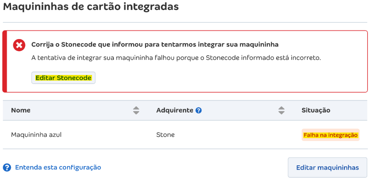 Tela de botão para corrigir a Falha na integração com Stone.