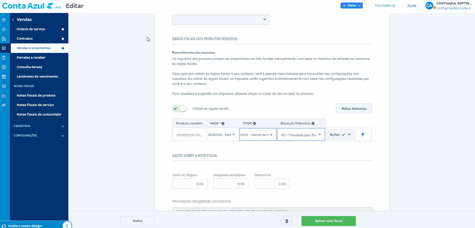 Passo a passo para preenchimento do Código de Situação Tributária (CST) no rascunho da nota fiscal.