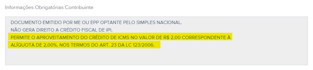 Tela de rascunho da nota fiscal com destaque para o campo Informações Obrigatórias Contribuinte.