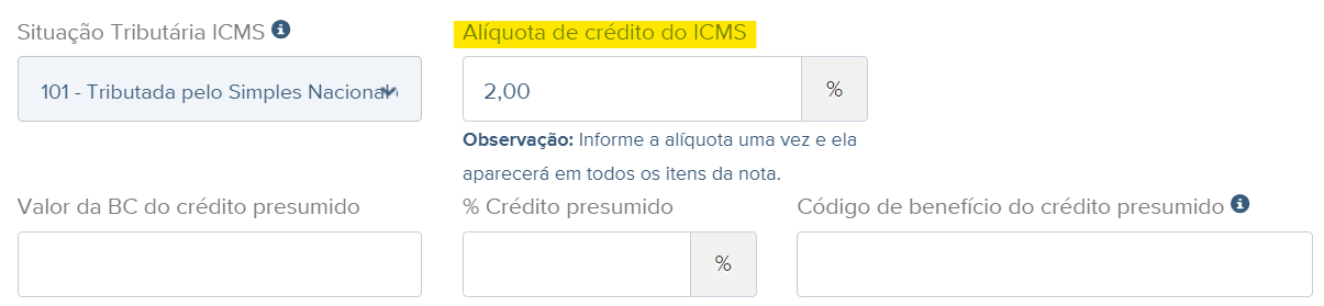 Tela de rascunho da nota fiscal com destaque para o campo Alíquota de crédito de ICMS.