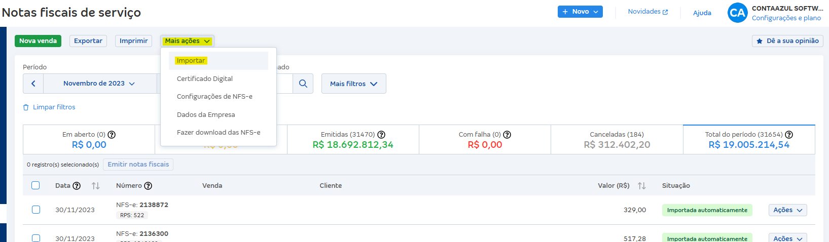 Tela de notas fiscais de serviço com destaque para os botões Mais ações e Importar..png
