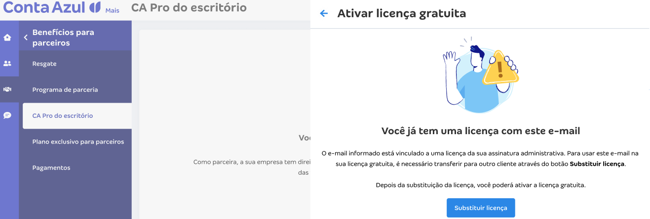 Tela de CA Pro do escritório com aviso Você já tem uma licença gratuita com este e-mail.