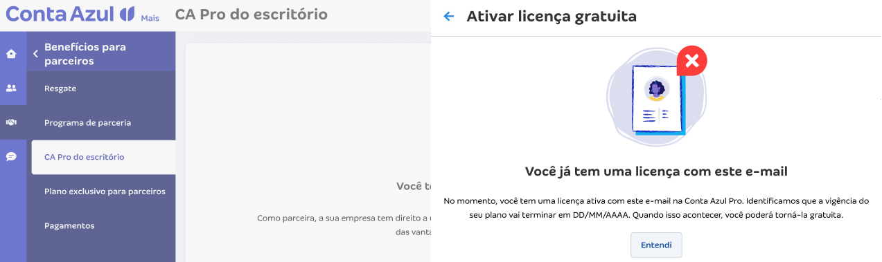 Tela de CA Pro do escritório com aviso Você já tem uma licença gratuita com este e-mail.
