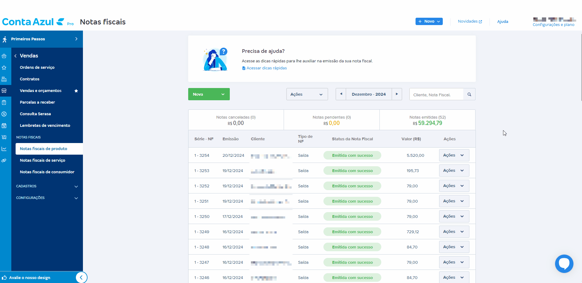 Passo a passo para gerar devolução parcial de NF-e emitida pela Conta Azul.