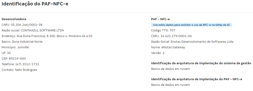 Tela para visualização dos dados de Identificação do PAF-NFC-e.