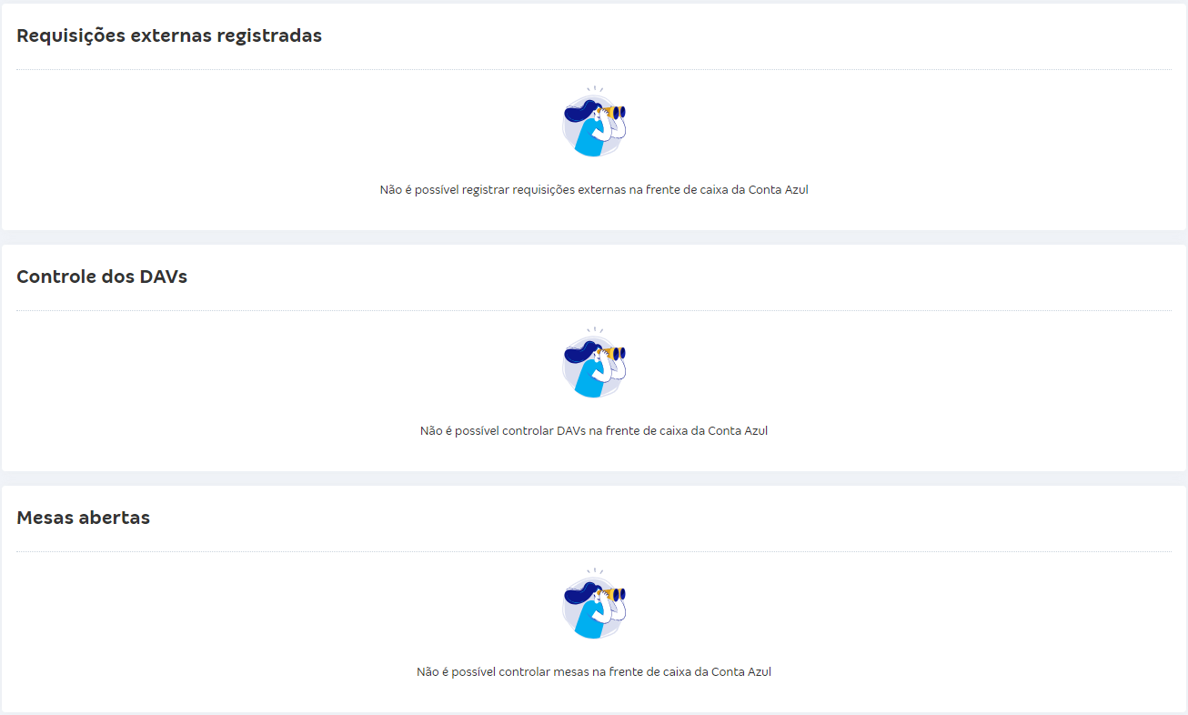 Tela de Requisições externas registradas, Controle dos DAVs e Mesas abertas de NFCe.