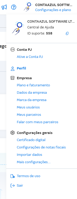Visao geral com destaque para o menu Configurações e plano.png