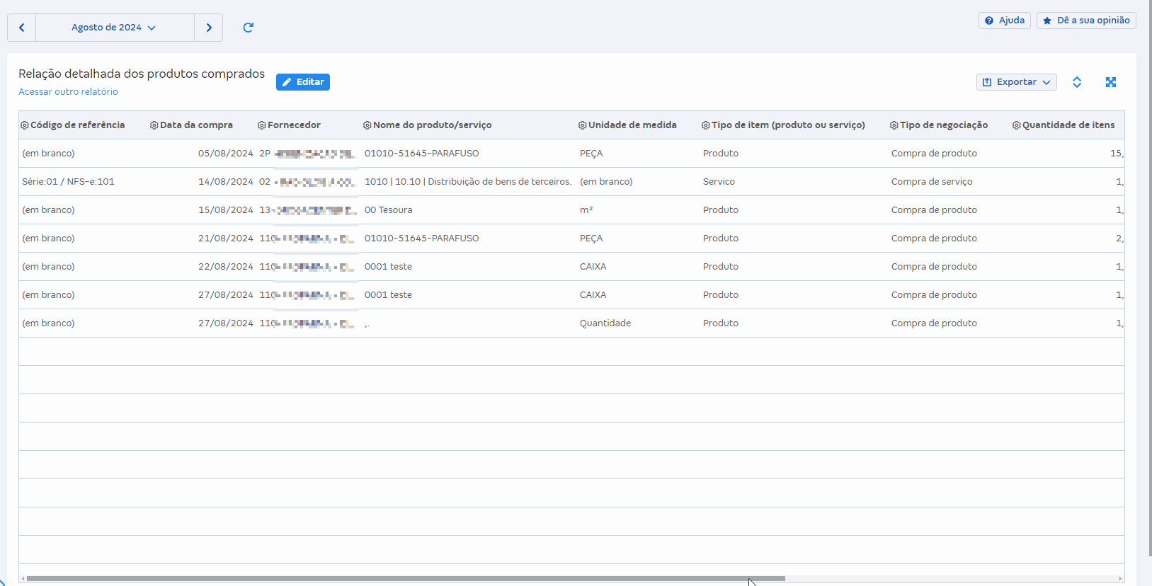 Tela de Relação detalhada dos produtos comprados em Relatórios de compras.gif