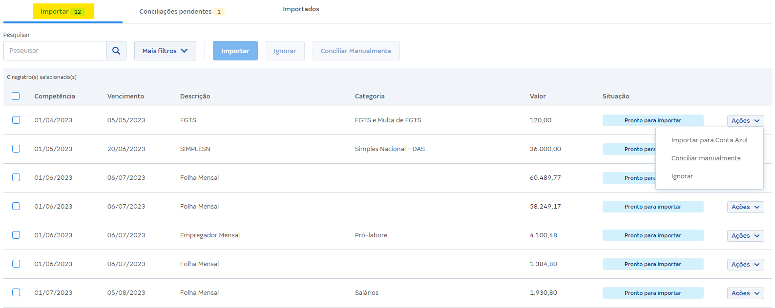 Tela da aba Importar em Importação do Domínio na Conta Azul Mais.