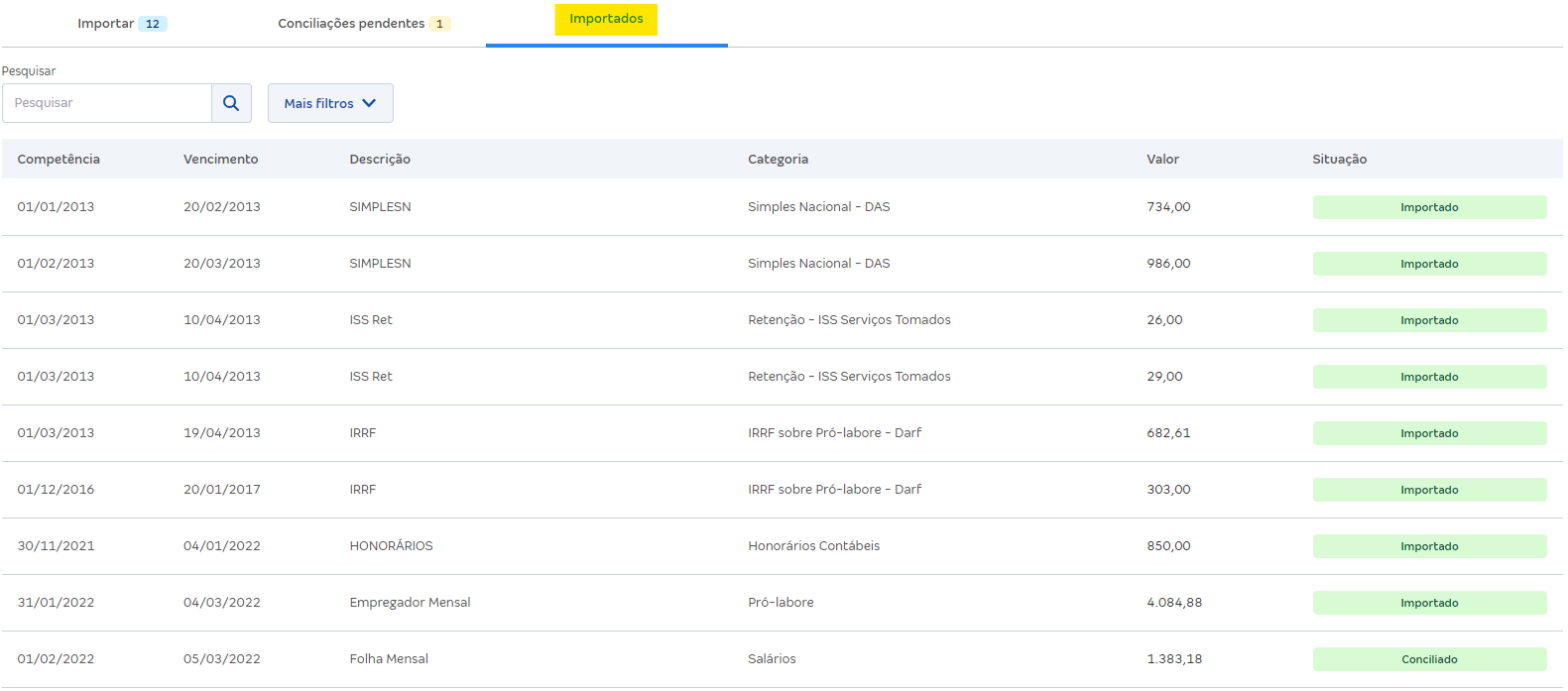 Tela da aba Importados em Importação do Domínio na Conta Azul Mais.