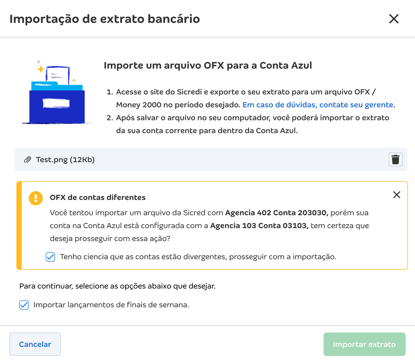 Tela de importação de extrato bancário com a mensagem OFX de contas diferentes.