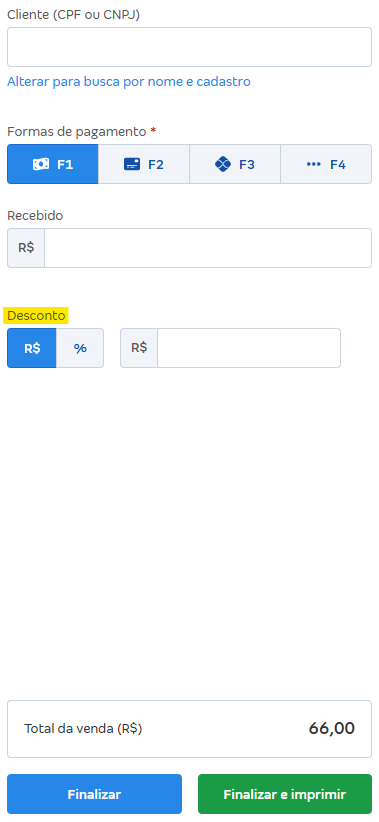 Tela de emissão da NFC-e com destaque para o campo Desconto.