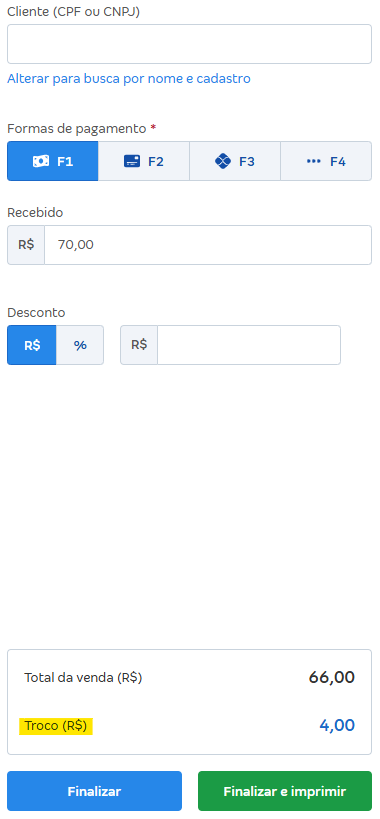 Tela de emissão da NFC-e com destaque para o campo Troco.