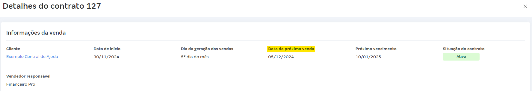 Tela de detalhes do contrato com destaque para o campo Data da próxima venda.