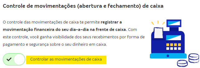 Tela com destaque para gestão das contas Gaveta do frente de caixa e Cofre.