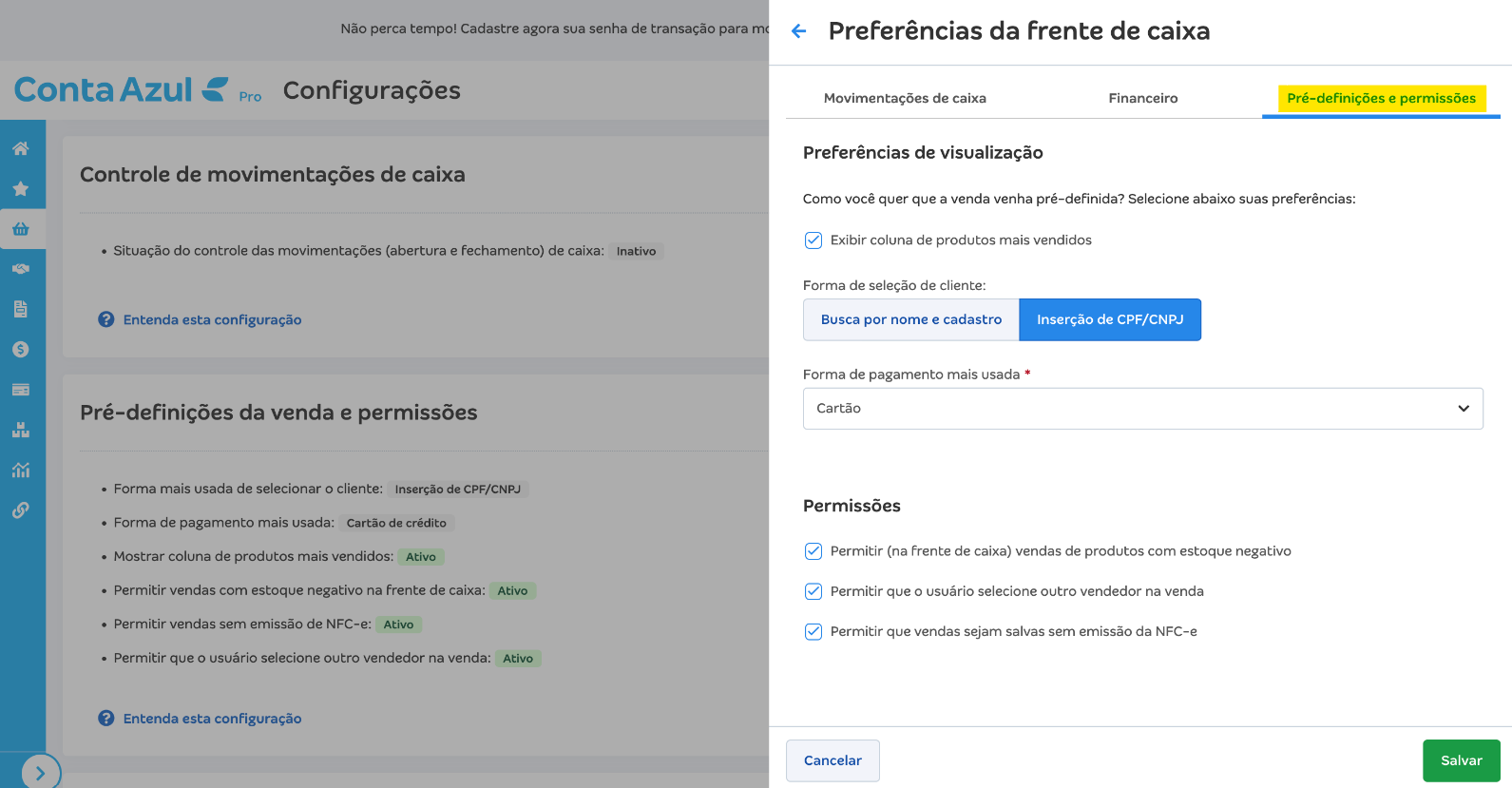 Tela de configuração de Pré-definições e permissões do Frente de caixa.