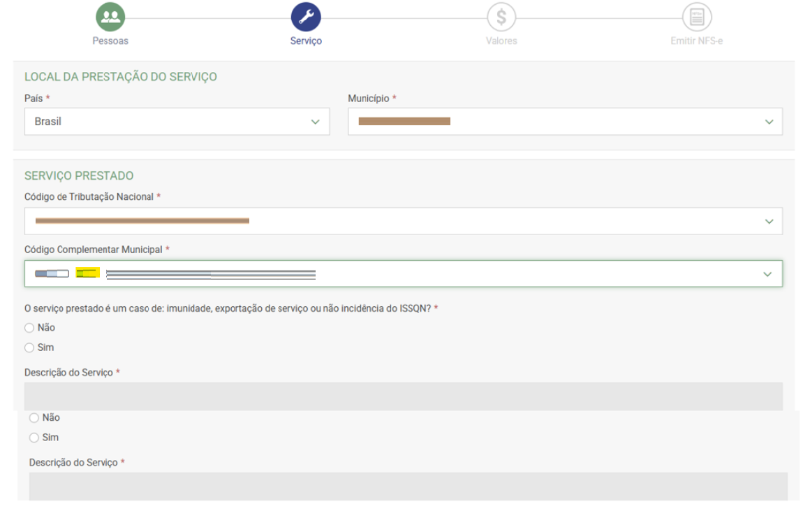Tela do emissor nacional com campos da NFS-e.