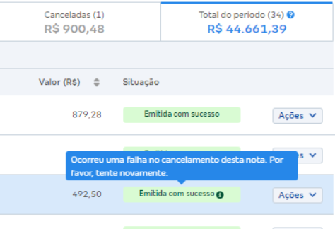 Tela com aviso Ocorreu uma falha no cancelamento desta nota. Por favor tente novamente.