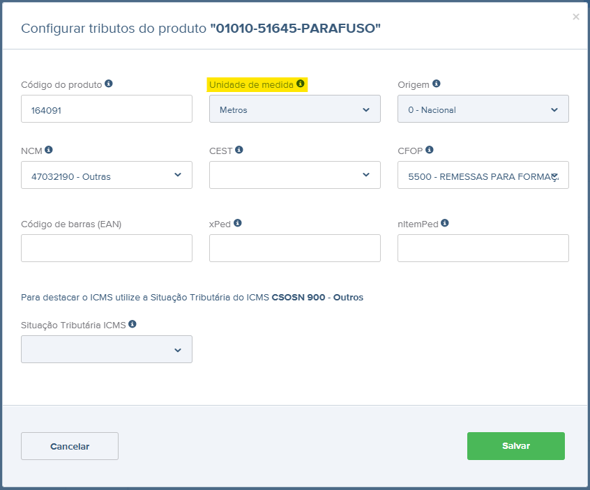 Tela Configurar tributos do produto com campo Unidade de medida.