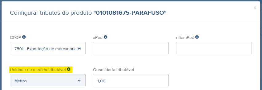 Tela Configurar tributos do produto com campo Unidade de medida para venda.