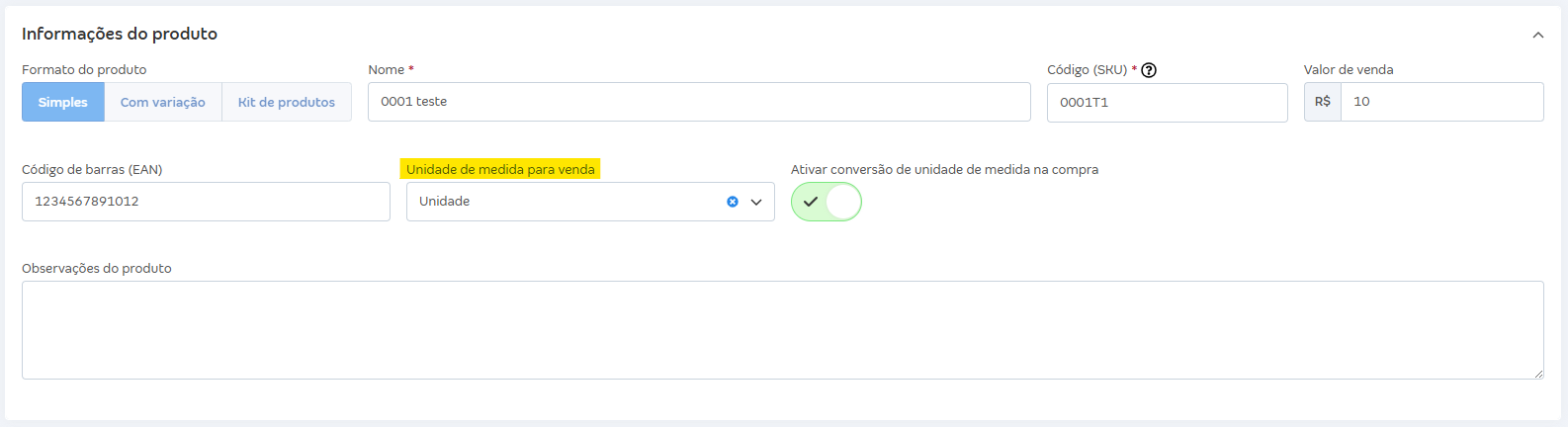 Cadastro de produto com destaque para o campo unidade de medida.