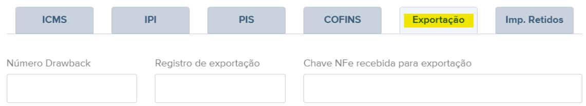 Tela de nota de remessa de exportação com campos Número Drawback, Registro de exportação e Chave da NFe recebida para exportação.