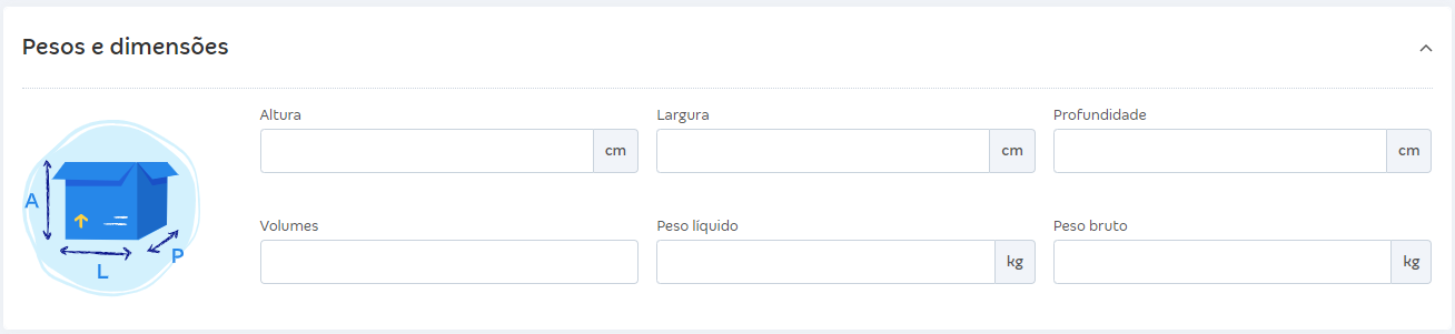 Tela de cadastro de produto com destaque para o campo Pesos e Dimensões.