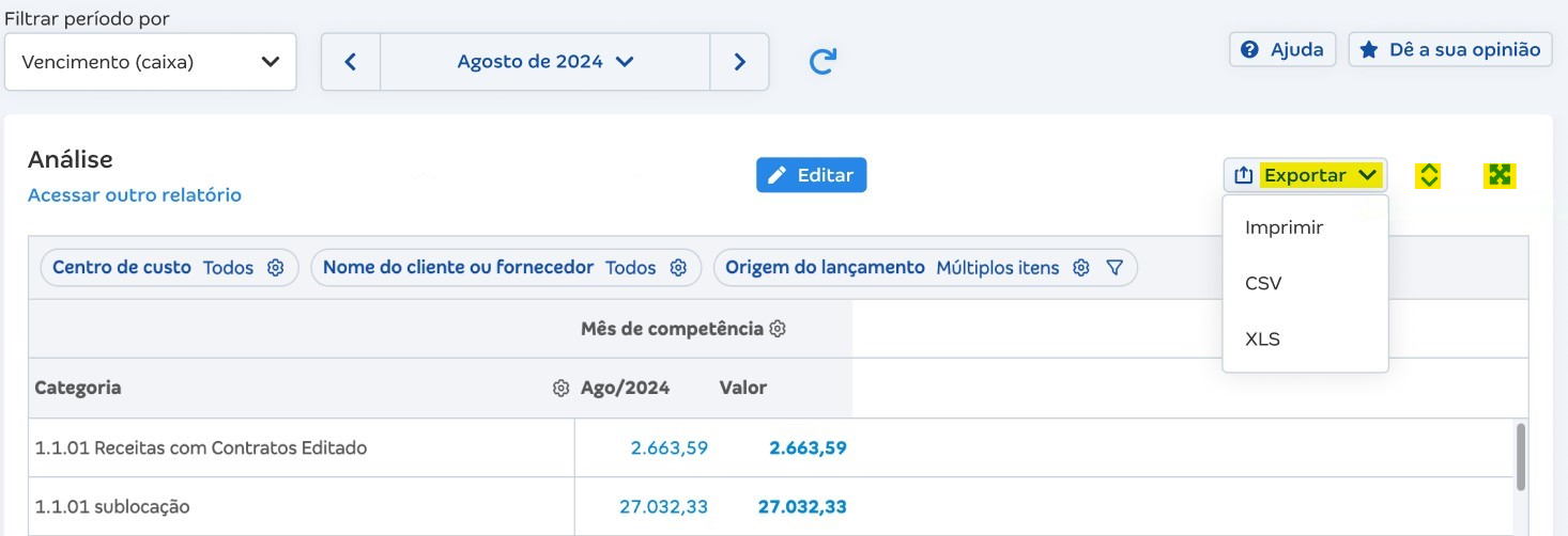 Tela de Mais relatórios com destaque para os botões Exportar, Expandir ou Recolher todas as linhas e Tela cheia.