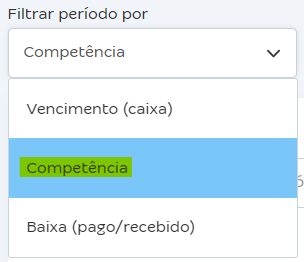 Tela do campo Filtrar período por com destaque para a opção Competência.