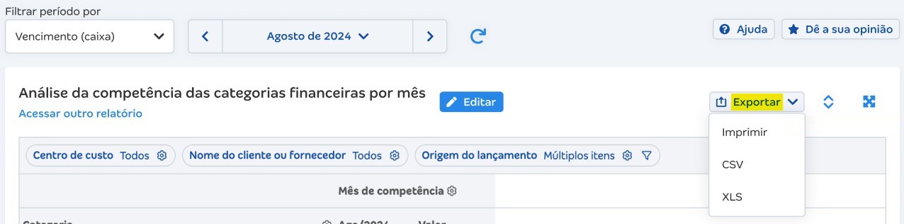 Tela do cabeçalho do relatório com destaque para o botão Exportar.