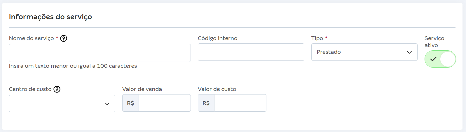 Tela da seção Informações do serviço no cadastro de serviço.