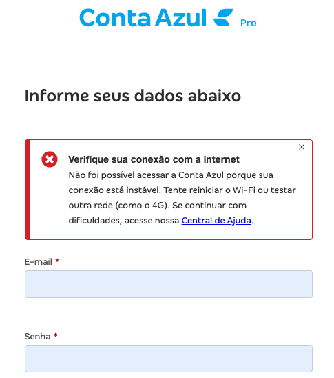 Tela de login com erro Verifique sua conexão com a internet.