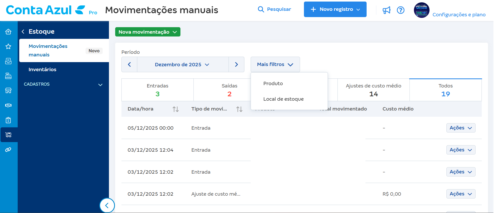 Mais filtros nova movimentação