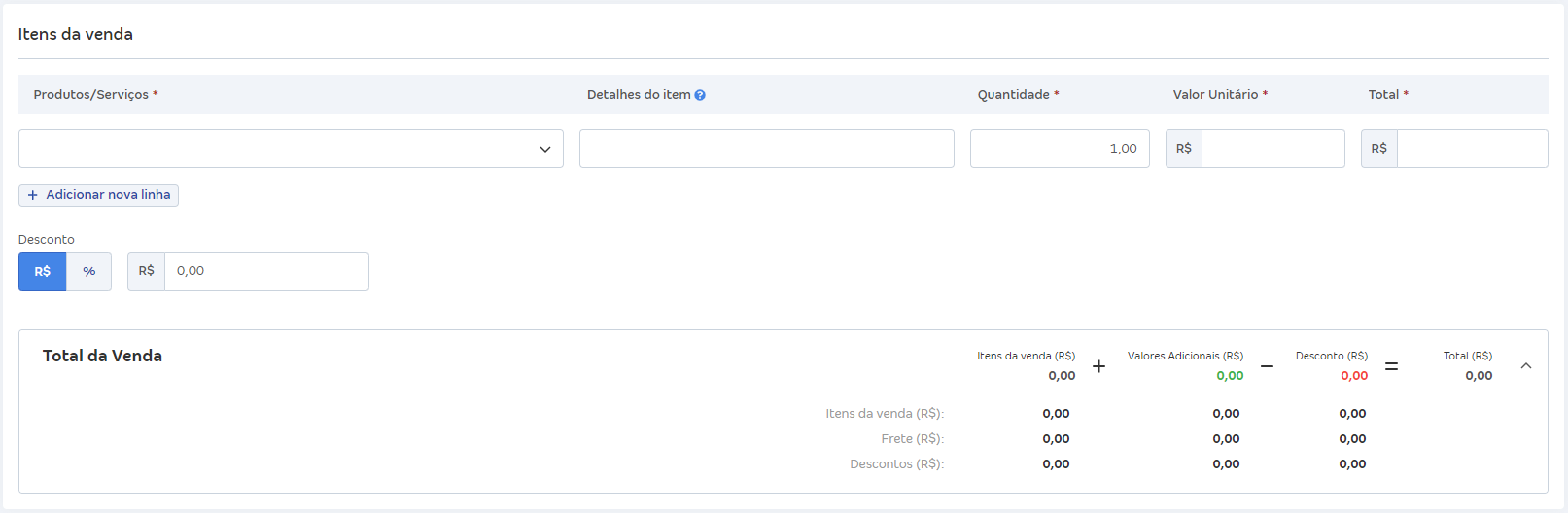 Tela de cadastro de nova venda com destaque para a seção Itens da venda, exibindo campos de produto ou serviço, quantidade, valor unitário, desconto, frete e total.