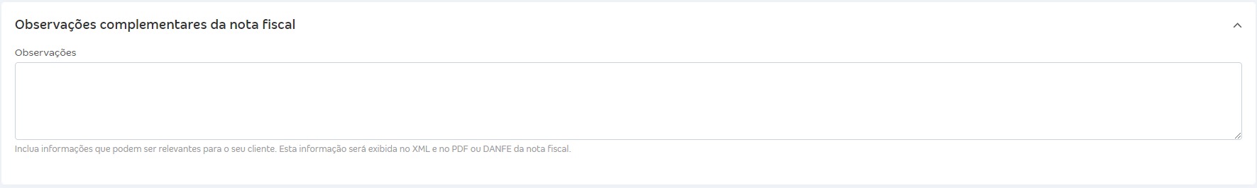 Tela de cadastro de nova venda com destaque para o campo Observações complementares da nota fiscal.