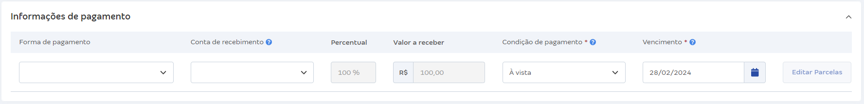 Tela de cadastro de nova venda com destaque para a seção Informações de pagamento, exibindo campos de forma de pagamento, conta para recebimento, condição de pagamento, editar parcelas e vencimento.