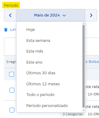 Tela de filtro por Período personalizado.