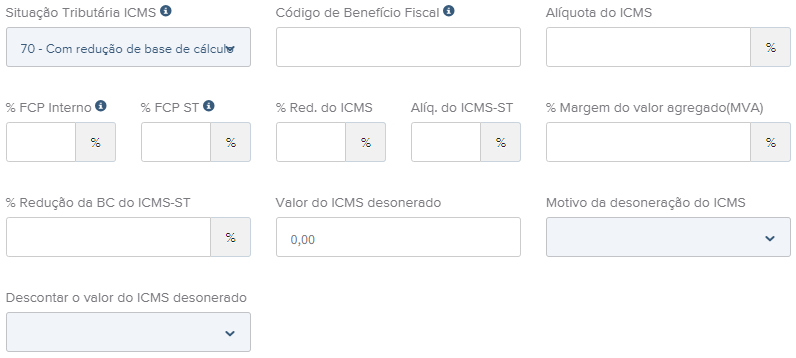 Tela do rascunho da NFe com destaque para o campo CST 70.