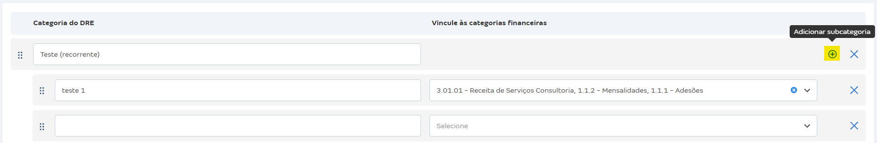 Tela de Categoria da DRE com destaque para o ícone de mais.